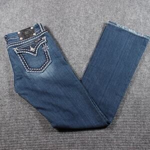 Miss Me Jeans Womens 30x34 Blue Bootcut Thick Stitch Rhinestone Flap